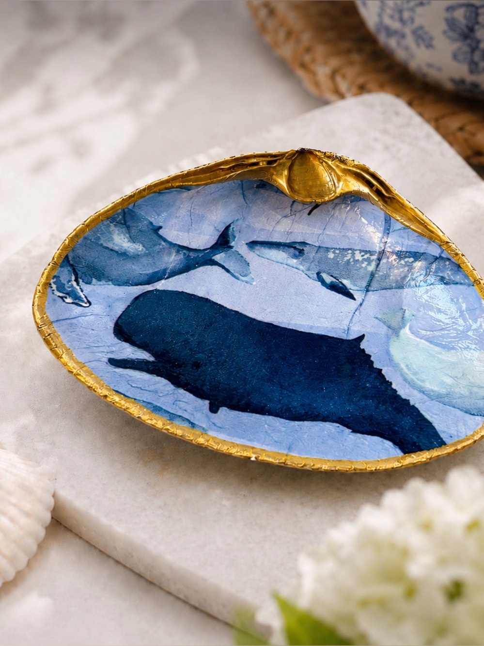 Blue Whales Clam Shell Ring Dish | Hand Decoupage Nautical Jewelry Holder